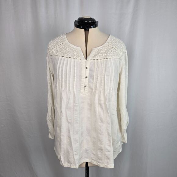 Gloria Vanderbilt Embroidered Blouse Women's XL Cream Off White Roll Tab Sleeve - Picture 1 of 16